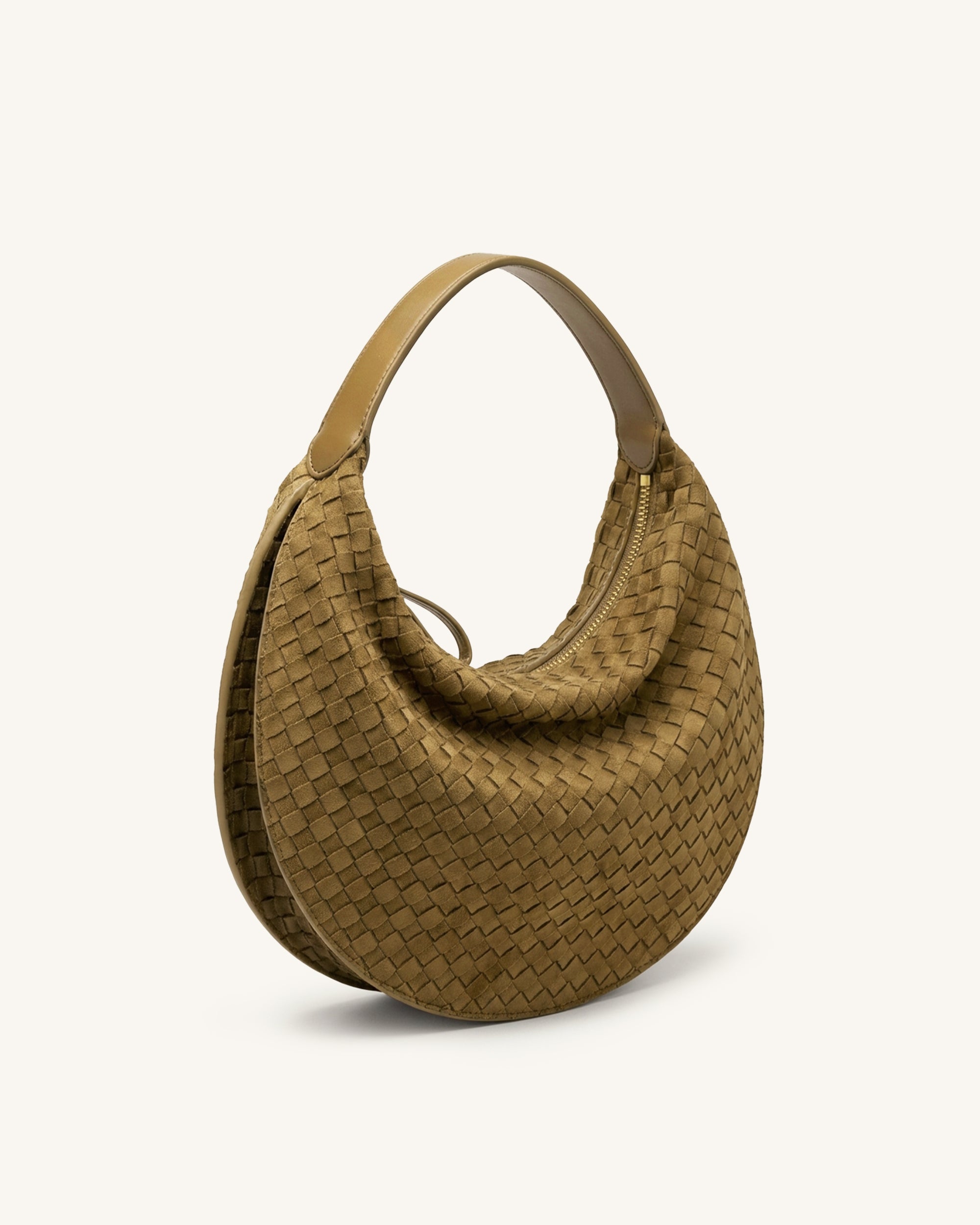 Nola Faux Suede Woven Crescent Shoulder Bag - Olive Green - Image 2