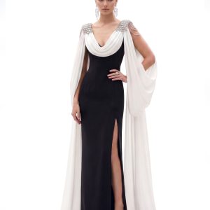 Crystal Shoulder Cape Maxi Dress - Black & Ivory