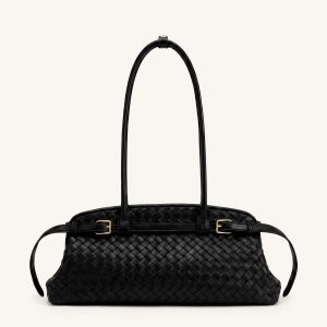 Arden Woven Belt Detail East-West Shoulder Bag - Dark Night Black