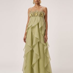 Orchid Embroidered Organza Maxi Dress - Light Green