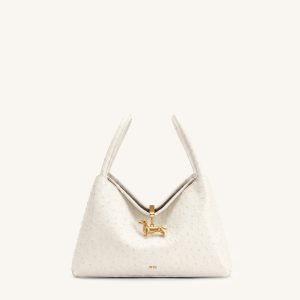 Maelle Faux Ostrich Grain Dachshund Charm Double Handle Bag - White