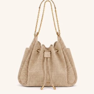 Rowan Faux Suede Drawstring Chain Bucket Bag - Camel Croc