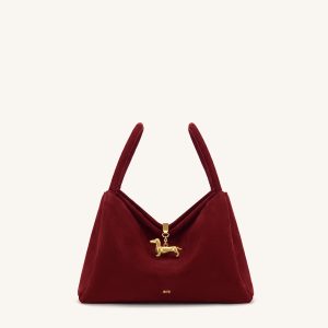 Maelle Faux Suede Dachshund Charm Double Handle Bag - Burgundy