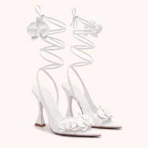 Rosalie Orchid Appliqué Lace-Up Heels - White