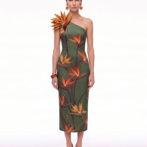 Bird of Paradise Appliqué One-Shoulder Midi Dress - Olive