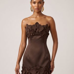 Orchid Trim Strapless Mini Dress - Brown