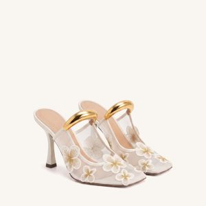 Mireille Pierced Floral Embroidered Appliqué Mesh Mules - Ivory