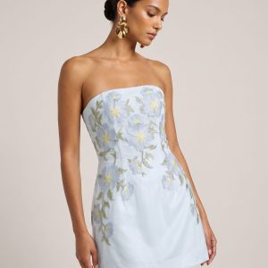 Floral Embroidered Strapless Corset Mini Dress - Light Blue