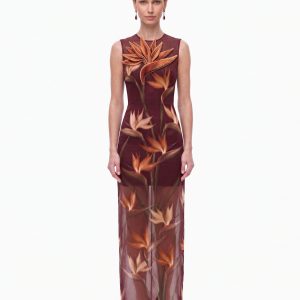 Bird of Paradise Appliqué Sheer Column Maxi Dress - Burgundy