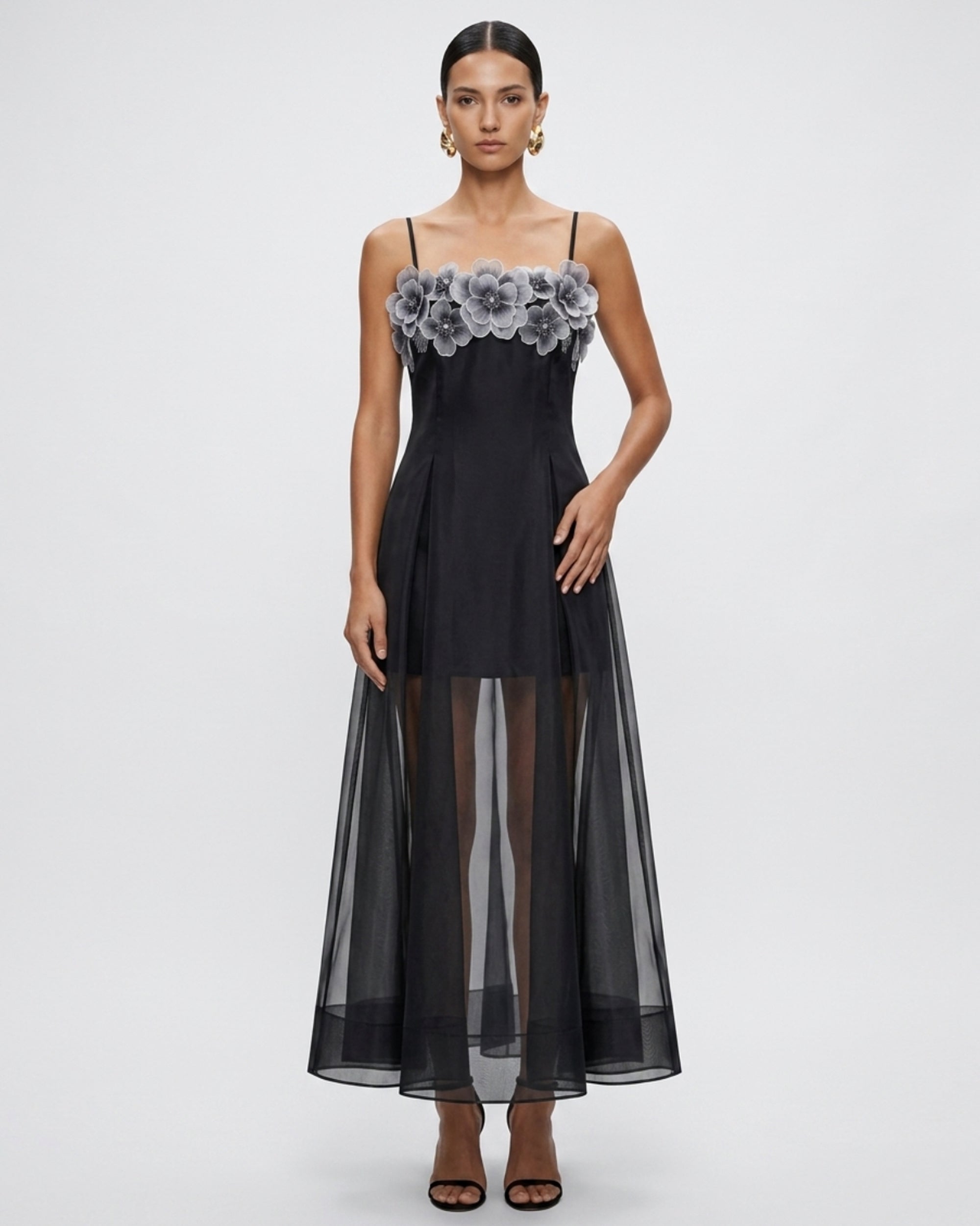 Floral Embroidered Sheer Layered Maxi Dress - Black - Image 2
