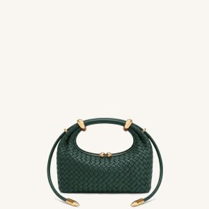 Ellie Woven Metal Ring Embellished Top Handle Bag - Dark Green