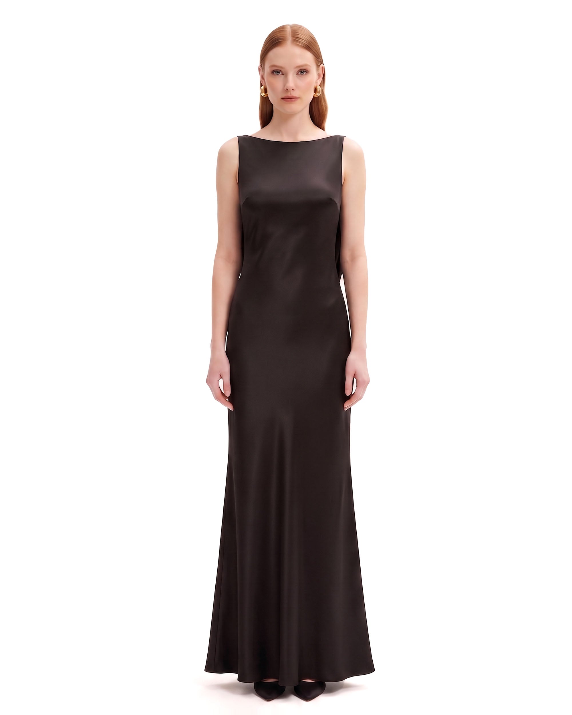 Tulip Appliqué Cowl-Back Satin Column Maxi Dress - Black - Image 2