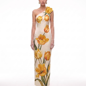 Tulip Floral One-Shoulder Column Maxi Dress - Ivory