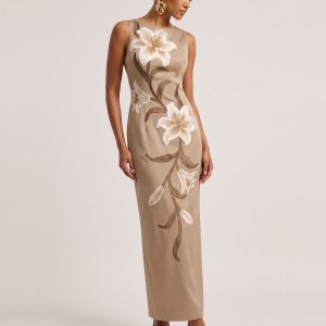 Lily Floral Print Sleeveless Column Maxi Dress - Mocha Brown