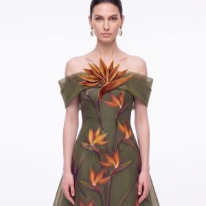 Bird of Paradise Appliqué Off-Shoulder Mini Dress - Olive