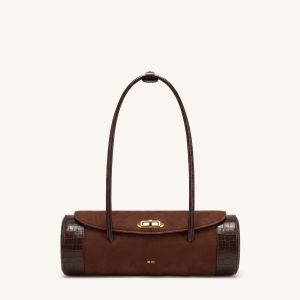 Maelis Faux Suede Croc-Trim Barrel Bag - Dark Brown