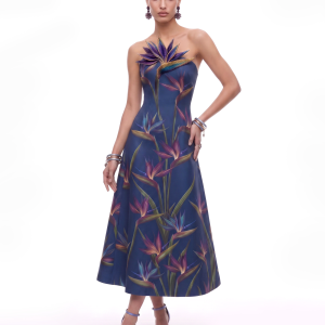 Bird of Paradise Appliqué Strapless A-Line Midi Dress - Navy