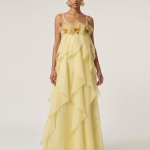 Orchid Embroidered Organza Maxi Dress - Light Yellow