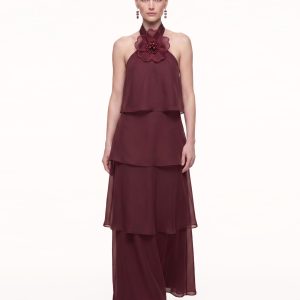 3D Floral Halter Tiered Maxi Dress - Burgundy