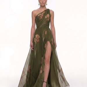 Floral One Shoulder Maxi Dress - Olive Green
