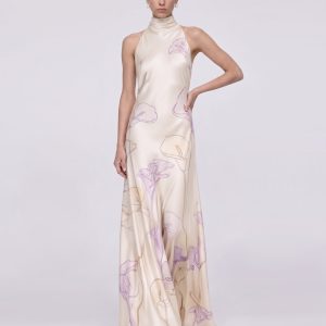 Calla Lily Print High-Neck Satin Maxi Dress - Ivory