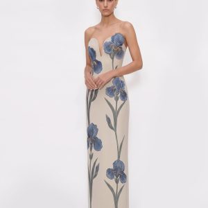 Iris Embroidered Notch Neck Strapless Maxi Dress - Light Beige