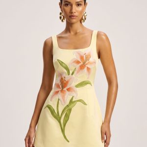 Lily Floral Print Sleeveless A-Line Mini Dress - Yellow