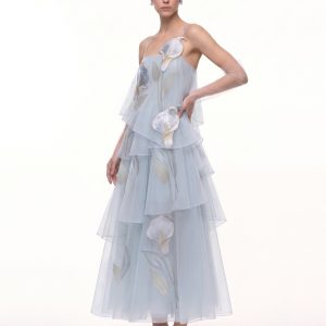3D Embroidered Calla Lily Tiered Tulle Dress - Light Blue