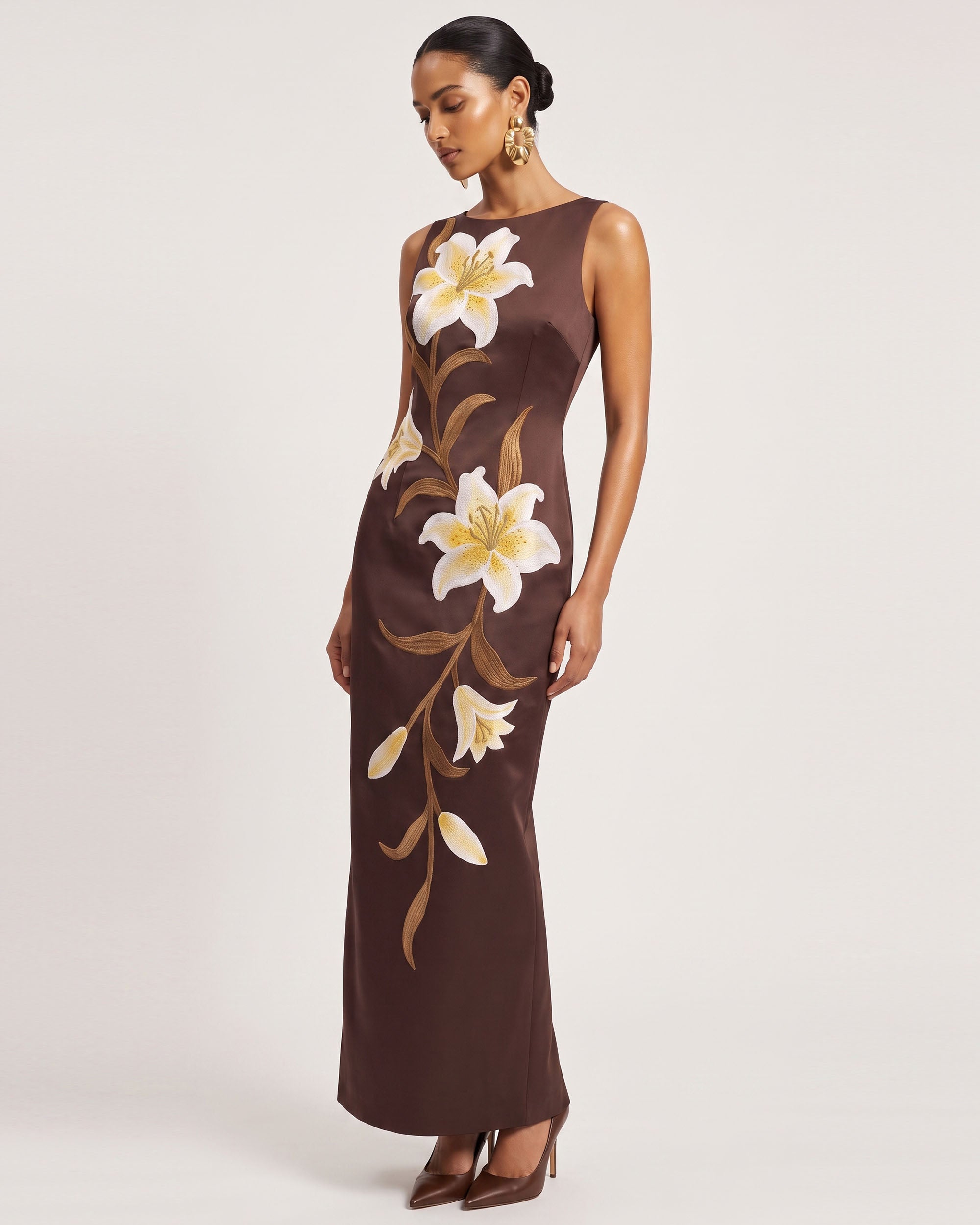 Lily Floral Print Sleeveless Column Maxi Dress - Brown - Image 2