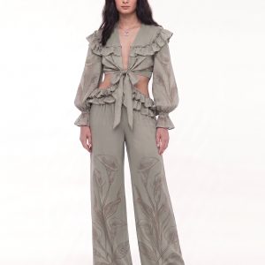 Calla Lily Ruffle Tie-Front Crop Blouse - Sage Green