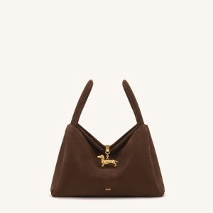 Maelle Faux Suede Dachshund Charm Double Handle Bag - Dark Brown