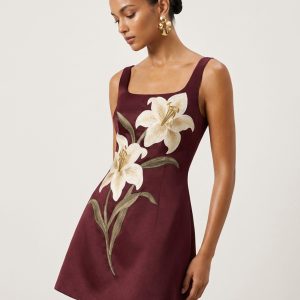 Lily Floral Print Sleeveless A-Line Mini Dress - Burgundy