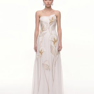 3D Embroidered Calla Lily Strapless A-Line Maxi Dress - Ivory