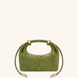 Ellie Faux Suede Metal Ring Embellished Top Handle Bag - Green Croc