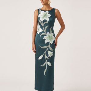Lily Floral Print Sleeveless Column Maxi Dress - Dark Green
