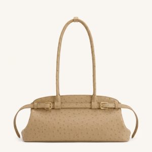Arden Faux Ostrich Grain Belt Detail East-West Shoulder Bag - Khaki