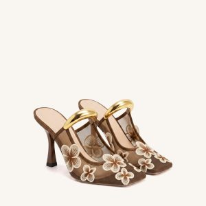 Mireille Pierced Floral Embroidered Appliqué Mesh Mules - Brown