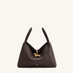 Maelle Faux Ostrich Grain Dachshund Charm Double Handle Bag - Dark Brown