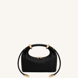 Ellie Woven Metal Ring Embellished Top Handle Bag - Dark Black