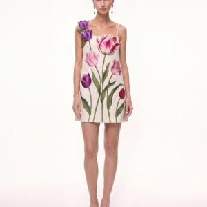 Tulip Floral Spaghetti Strap Mini Dress - Ivory