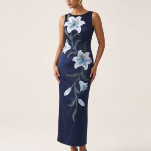 Lily Floral Print Sleeveless Column Maxi Dress - Dark Blue