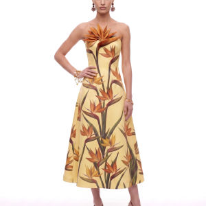 Bird of Paradise Appliqué Strapless A-Line Midi Dress - Light Yellow