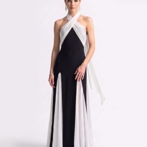 Cross Halter Draped Contrast Slit Maxi Gown - Black & White