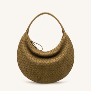 Nola Faux Suede Woven Crescent Shoulder Bag - Olive Green