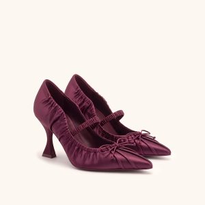 Solenne Satin Bow Ruched Mary Jane Pumps - Burgundy