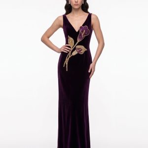 Calla Lily Embellished Velvet Column Maxi Dress - Purple