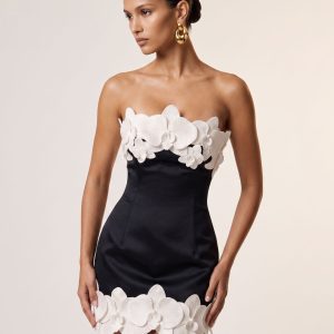 Orchid Trim Strapless Mini Dress - Black & Ivory