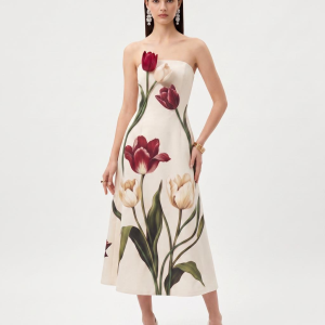 Tulip Floral Strapless A-Line Midi Dress - Ivory
