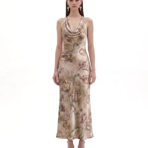 Floral Print Cowl-Neck Satin Maxi Dress - Beige