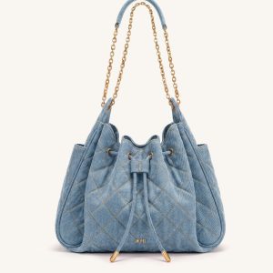 Rowan Ruched Quilting Drawstring Chain Bucket Bag - Blue Denim